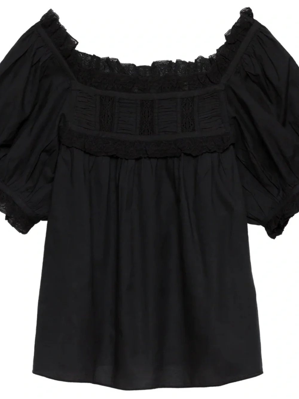 Doen Frances Black Lace-Trim Square Neck Puff Sleeve Blouse